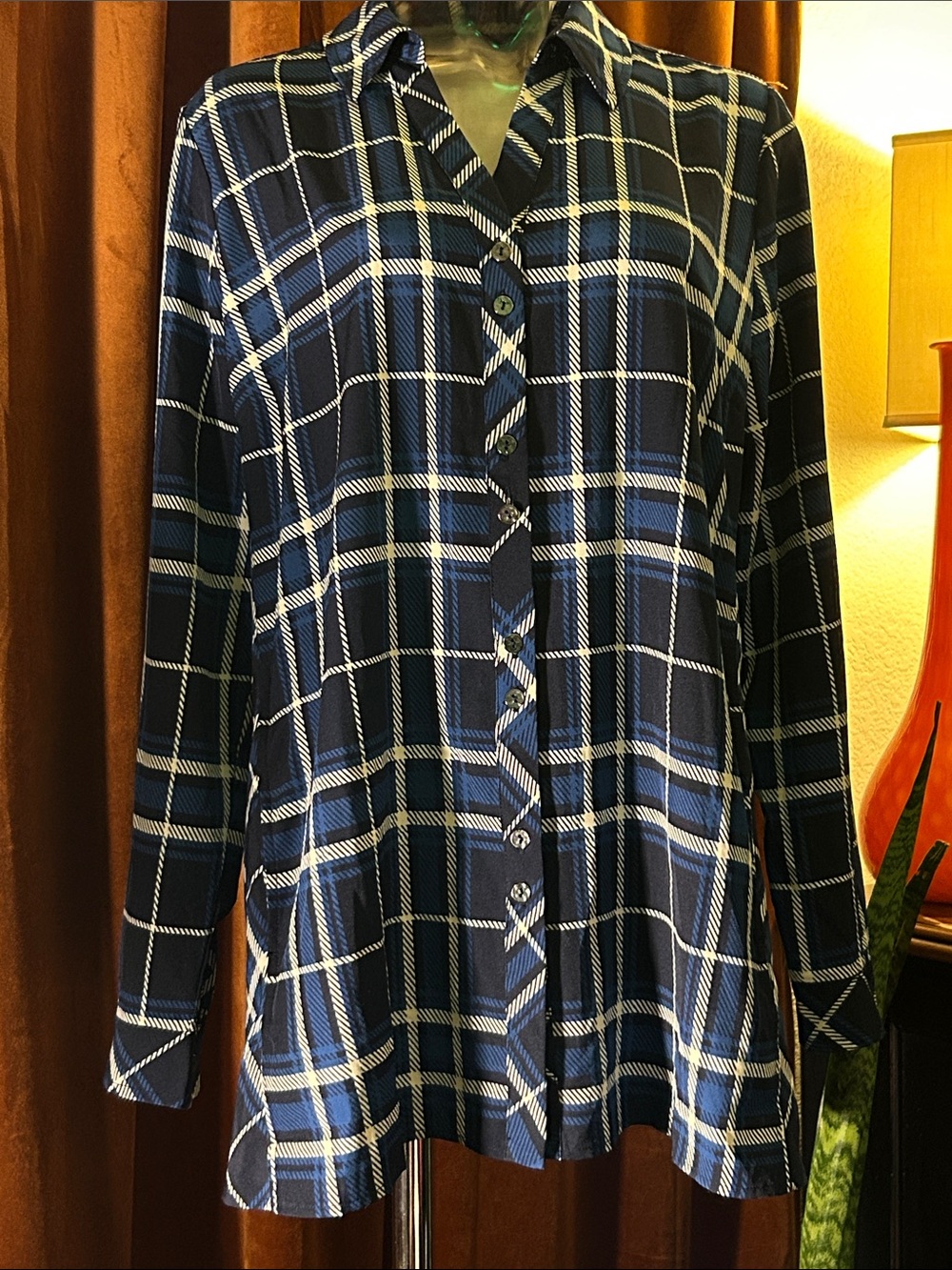 Susan Graver Navy and White Plaid Button-Front Shirt